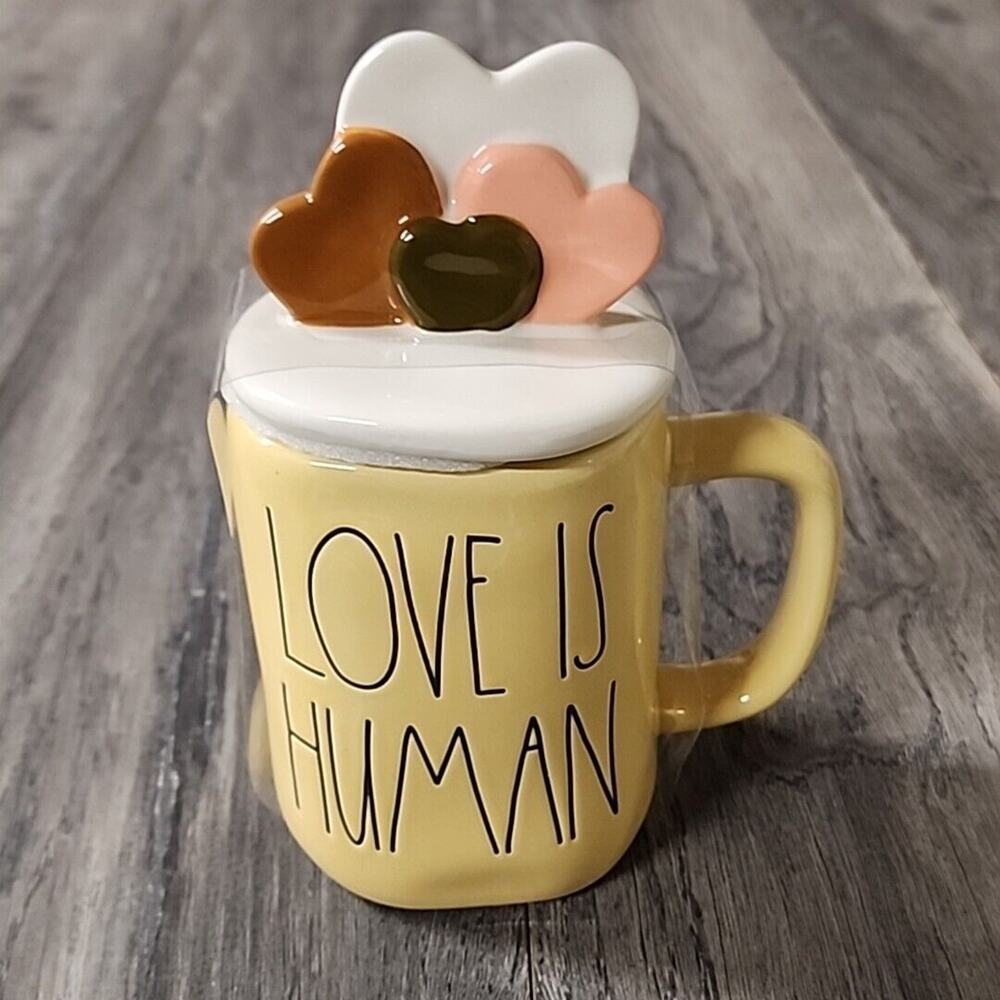 Rae Dunn Yellow Love Is Human Figural Ceramic Mug & Hearts Lid 18oz BRAND NEW